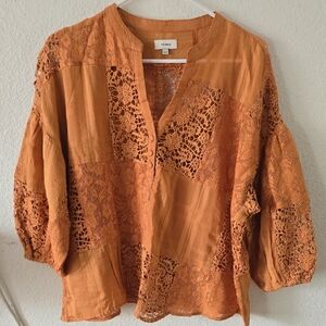 Women's Burnt Orange Lace Patchwork Peasant Top